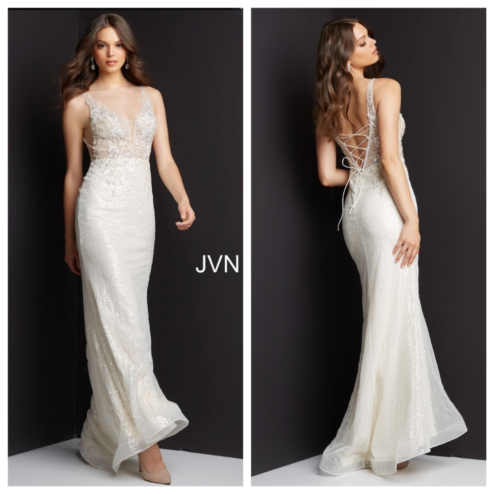 NEW JOVANI White Sheer Bodice Sequin Sleeveless V Neck Gown Dress #JVN06764A